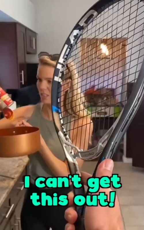 She cooks with a tennis racket.. Video Credit: justinflom (TikTok) #fyp #foryou #forupage #cringe #lifehack #comedy #funny