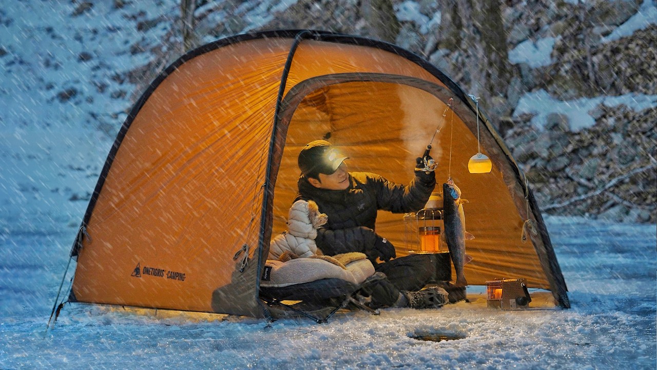Winter Hot Tent Camping in the Snow with My Dog . Ice Fishing . Wood Stove ASMR